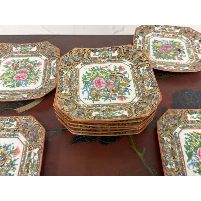 Ceramic Antique Canton Rose Thousand Butterflies Porcelain Plates, Set of Ten For Sale - Image 7 of 12