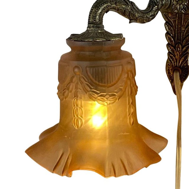 Antique Art Deco Wall-Mounted Lamp with Brass Base and Pink Satin Glass Shades For Sale - Image 4 of 11