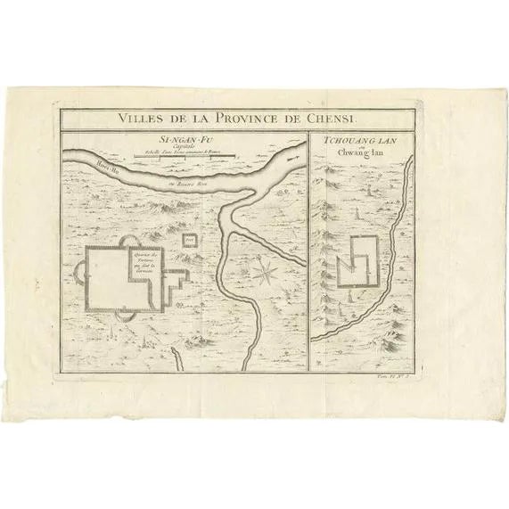 Antique Map of Two Cities in the Province of Shanxi or Chensi, 1748 For Sale