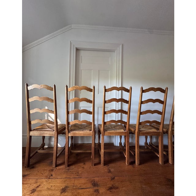 Camel Set of 6 French Country Style Oak Ladder-Back Dining Chairs With Rush Seats For Sale - Image 8 of 9