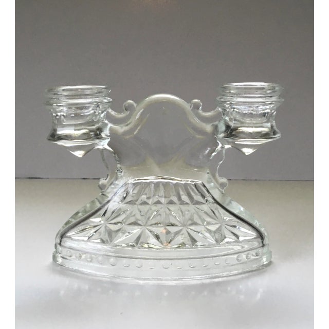 1930s Art Deco Pressed Glass Double Candlestick Holders- A Pair For Sale - Image 9 of 11