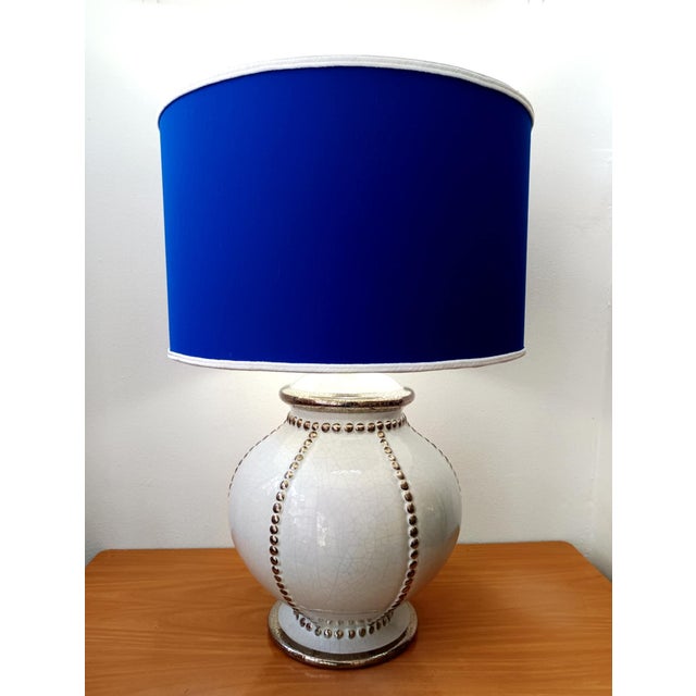 Earthenware Lamp with Blue Lampshade from Longwy, 1970s For Sale - Image 3 of 12