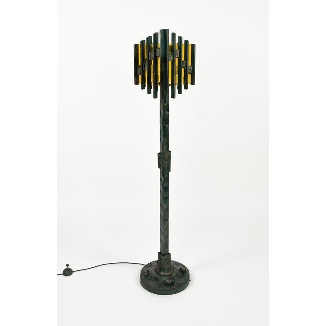 Brutalist amazing floor lamp in green wrought iron, art glass and yellow lucite by biancardi & jordan the concurrent of...