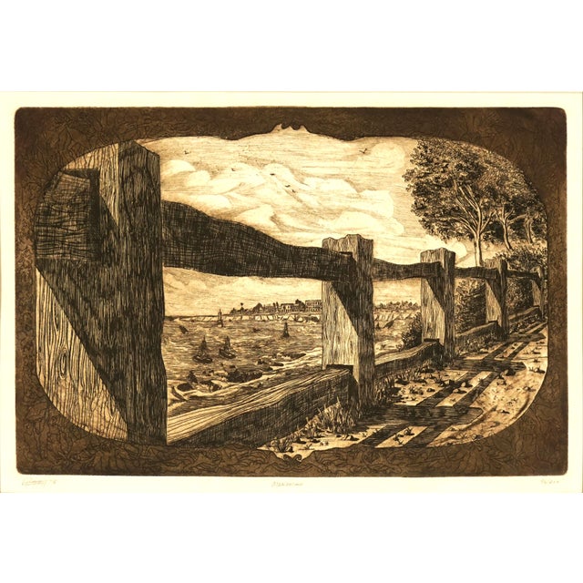 American Vintage Etching of Northern California Mendocino Coastal Town by Louis Bobbitt For Sale - Image 3 of 6