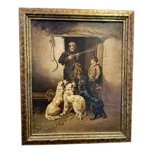 Alfred R. Sharpe Realist Oil Painting 1882 of Son & Dogs, Framed