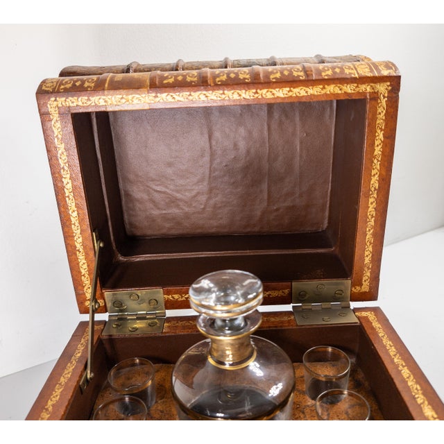 Mid-Century French Faux Leather Book Decanter Tantalus Bar Set For Sale - Image 9 of 12