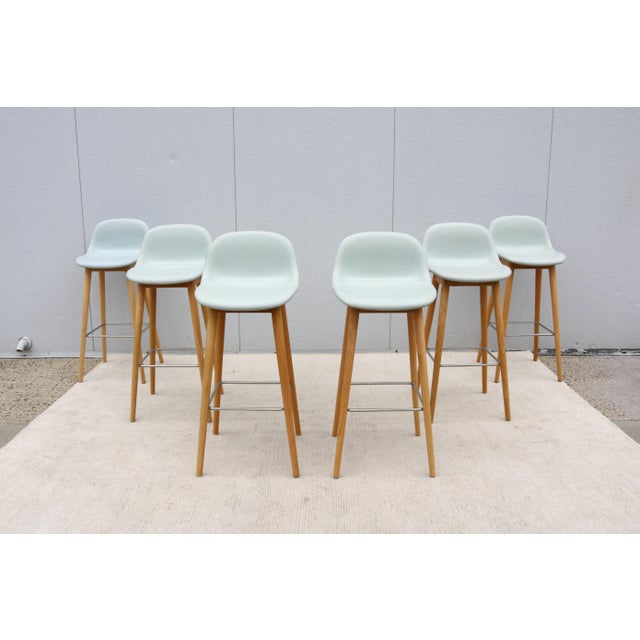 Baby Blue Danish Iskos-Berlin for Muuto Blue Leather Fiber Bar Stools Wood Base - Set of 6 For Sale - Image 8 of 18