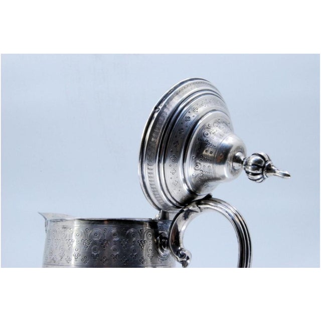 Metal Silver Wine Jug with Faceted Glass, Lid, Handle and Engraved Surround with Bacchus Head For Sale - Image 7 of 11