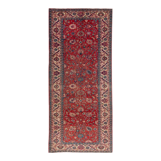 1960s Vintage Persian Tabriz Handmade Floral Red Wool Runner For Sale