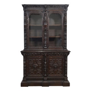 Renaissance Revival Carved Oak Two Door Bookcase For Sale