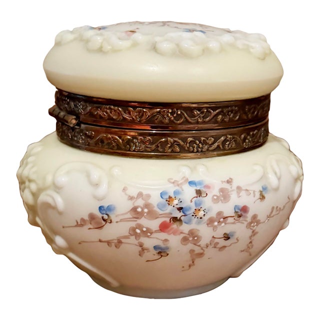 Antique Wavecrest Hinged Floral Decorated Dresser Jar For Sale