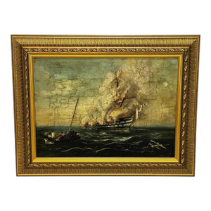 19th Century Seascape Oil Painting Burning Sinking HMS Bombay Ship Follower Richard Brydges Beechey