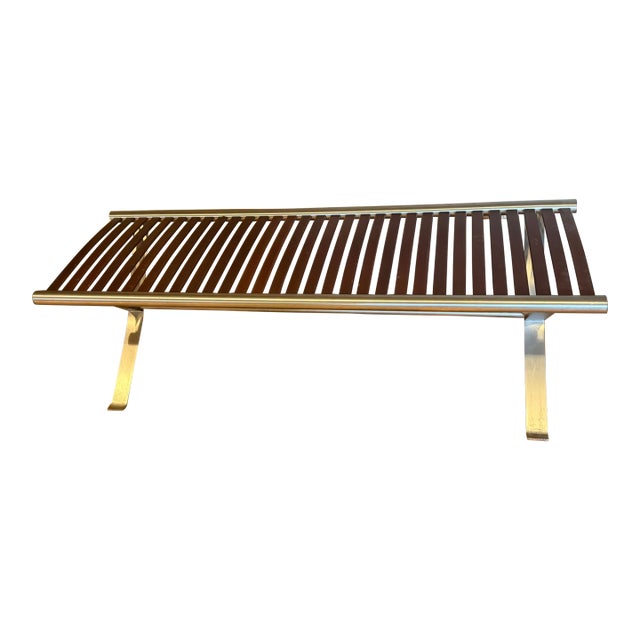 One‑of‑a‑Kind Mahogany Slatted Bench – Custom Brushed Steel Frame Modern Industrial Design For Sale
