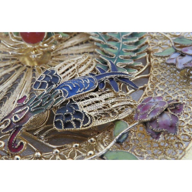 Chinese Gold Filigree Gilt Enamel Dragon Phoenix 3d Decorative Plate For Sale In Miami - Image 6 of 12