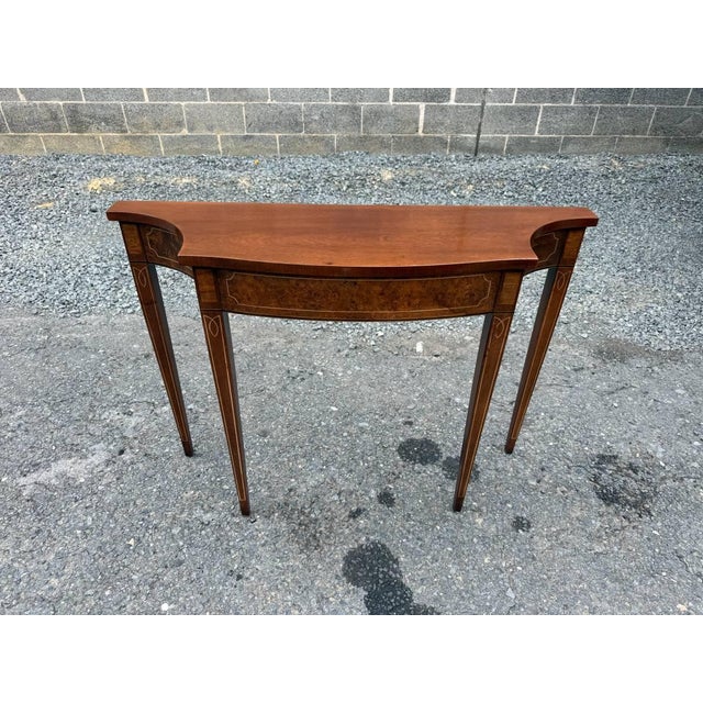 Late 20th Century Vintage Hepplewhite Style Mahogany and Burled Wood Inlaid Console Table For Sale - Image 5 of 17
