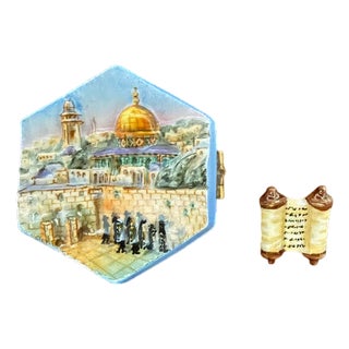 Late 20th Century Hand-Painted Limoges Porcelain Jerusalem Box – Dome of the Rock Scene With Torah Scroll Interior, Artist Proof For Sale