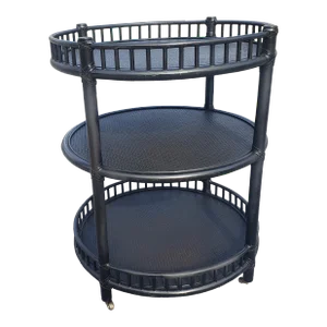 McGuire Three Tier Ebonized Rattan Rolling Bar Cart