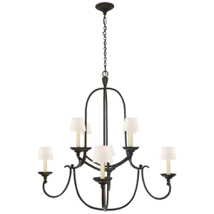 Chapman & Myers for Visual Comfort Signature Flemish Medium Round Chandelier in Aged Iron with Linen Shades