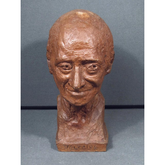 1980s Vintage 1980 Hand-Sculpted Voltaire Portrait Bust Signed For Sale - Image 5 of 15