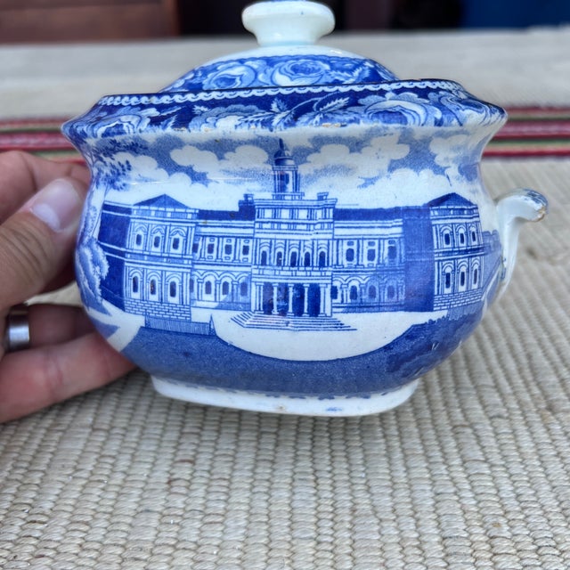 Ceramic Antique Historical Blue Staffordshire Sugar Bowl, City Hall New York by Stubbs, Circa 1820 For Sale - Image 7 of 12