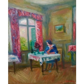 Jacques Zucker, Woman in Salon French Interior Oil Painting Ecole D'Paris, WPA, Bezalel Artist For Sale