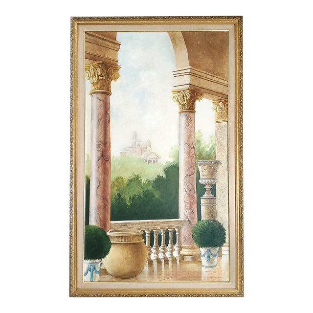 Painting Trompe l'Oeil Roman Columns Boxwood Topiaries For Sale