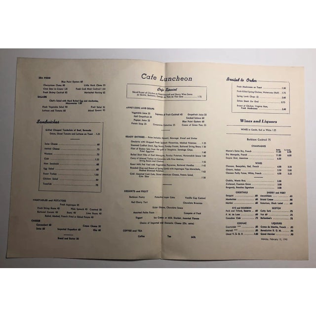 Monday, February 16, 1948 menu from New York's Barbizon Plaza Hotel Restaurant near Central Park on the Upper East Side....