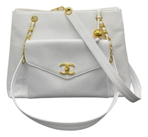 Chanel White Caviar Leather Front Pocket Tote Bag