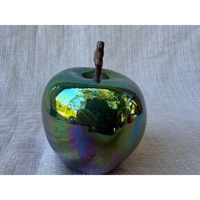 Vintage Artisan Made Green Pottery Apple Sculpture Signed For Sale - Image 4 of 14
