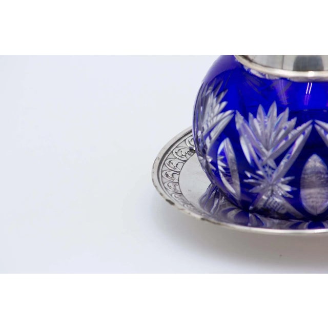 Silver and Cut Glass Night Bottle & Coaster with Flower Engravings, Set of 2 For Sale - Image 4 of 5