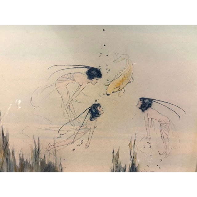 Early Framed Illustration - Stylized Fairy Figures Swimming With a Koi Fish, Signed For Sale - Image 4 of 9