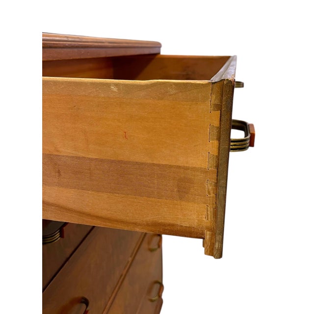 Brown 1970s Vintage Art Deco Highboy Dresser With Waterfall Front and Bakelite Style Handles For Sale - Image 8 of 11