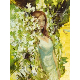 Jasmine by Nadezda | Oil on Panel Portrait of a woman among jasmine flowers For Sale