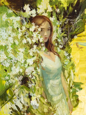 Jasmine by Nadezda | Oil on Panel Portrait of a woman among jasmine flowers