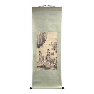 Oriental 3 Scholars Ink Brush Color Scroll Painting Wall Art For Sale