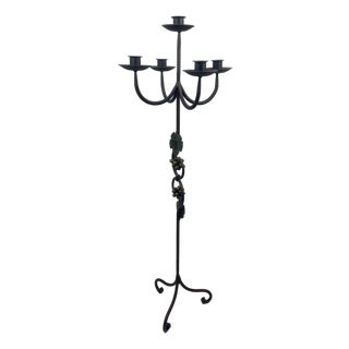Hand Forged Iron Floor Candelabra 47″ (120cm) Antique Copper Patina 4-Arm 5-Candle Classic Scroll Holder Decor For Sale