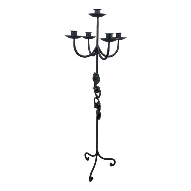 Hand Forged Iron Floor Candelabra 47″ (120cm) Antique Copper Patina 4-Arm 5-Candle Classic Scroll Holder Decor For Sale