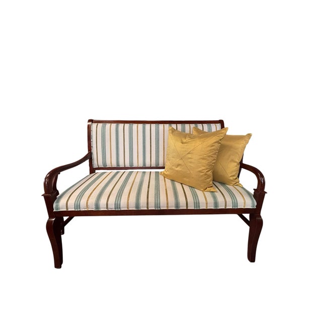 Traditional Vintage Regency Style Mahogany Settee With Striped Upholstery For Sale - Image 3 of 11