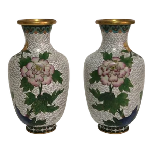 Pair of Vintage Mid 20th Century Chinese Cloisonne Enamel Vases Floral & Butterfly Motif