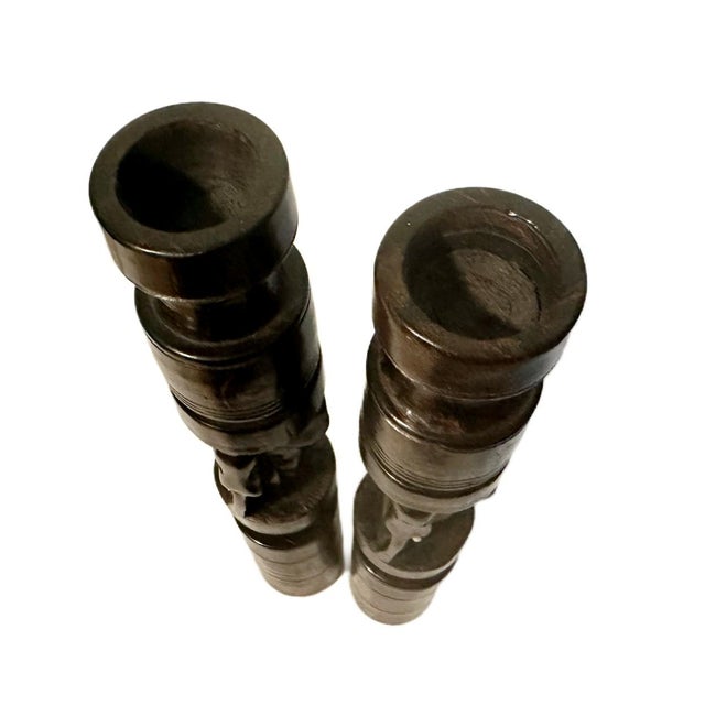 Vintage Tall African Elephant Carved Ebony Wood Candlestick Candle Holders For Sale - Image 4 of 5