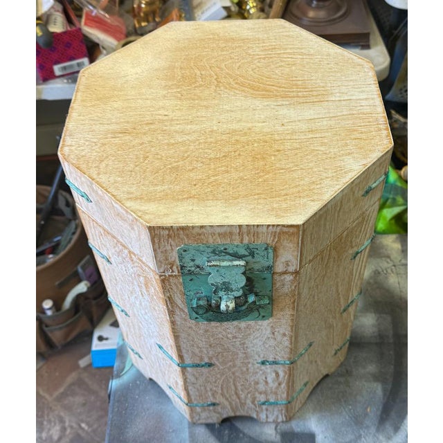 Chinese Chinese Octagonal White Washed Side Tables W/ Verdigris Hardware - Pair For Sale - Image 3 of 7