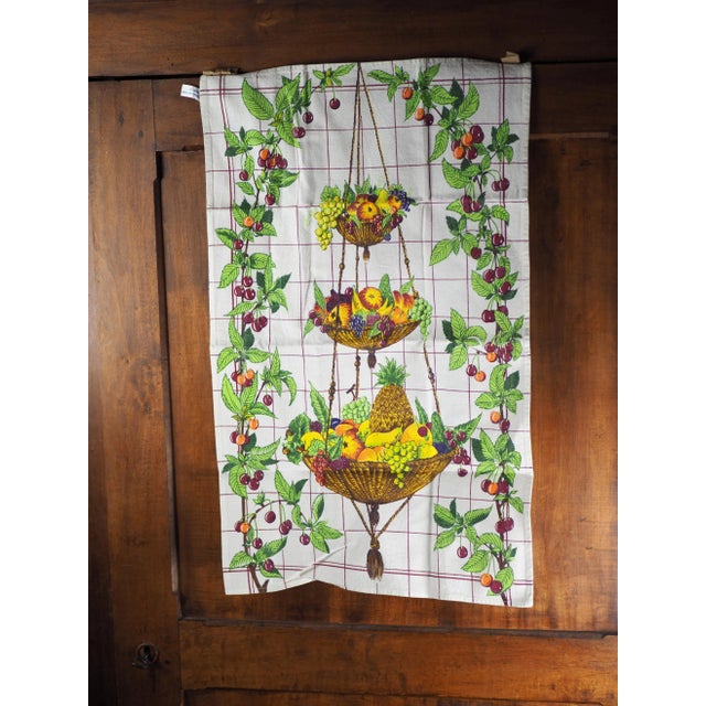 1960s 1960s French Kitchen Linen Called "Métis" With Triple Fruit Basket Decoration and Cherry Border For Sale - Image 5 of 7
