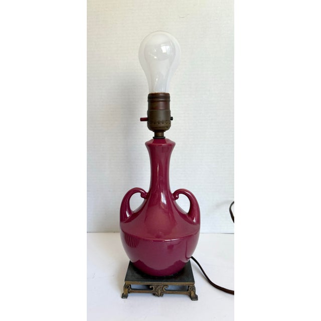 Burgundy Vintage Burgundy Glazed Ceramic Amphora Double Handle Table Lamp With Pleated Shade For Sale - Image 8 of 12