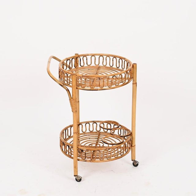 Blue Round Serving Bar Cart in Bamboo, Rattan and Wicker by Franco Albini, Italy, 1960s For Sale - Image 8 of 12