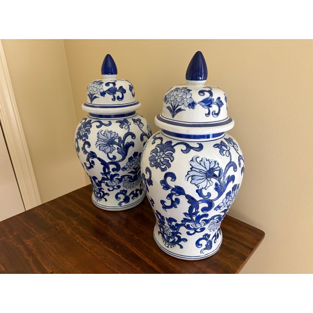 Chinoiserie Chinoiserie Large Blue and White Porcelain Ginger Jars, Pair For Sale - Image 3 of 8