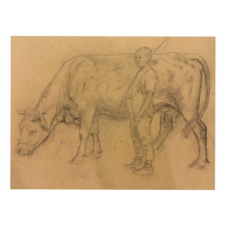 Heinrich Pforr, Cowherd, Brother August with Cow, 1920s, Pencil For Sale