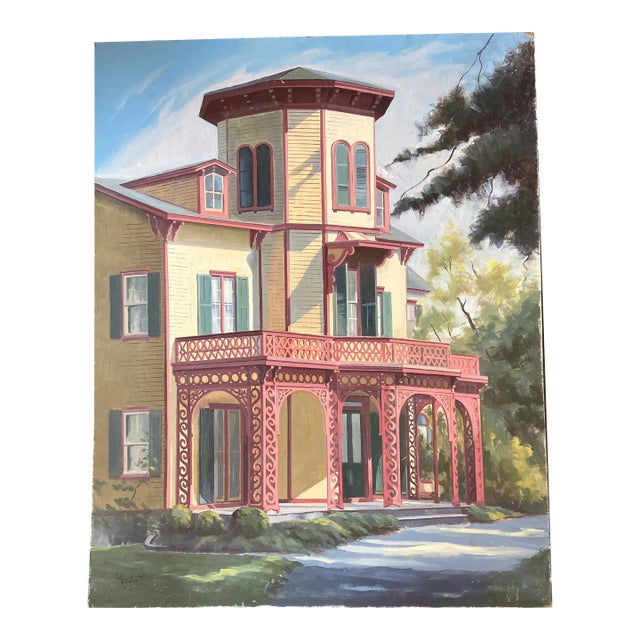 1970’s Vintage Original Victorian House Architectural Painting Signed For Sale
