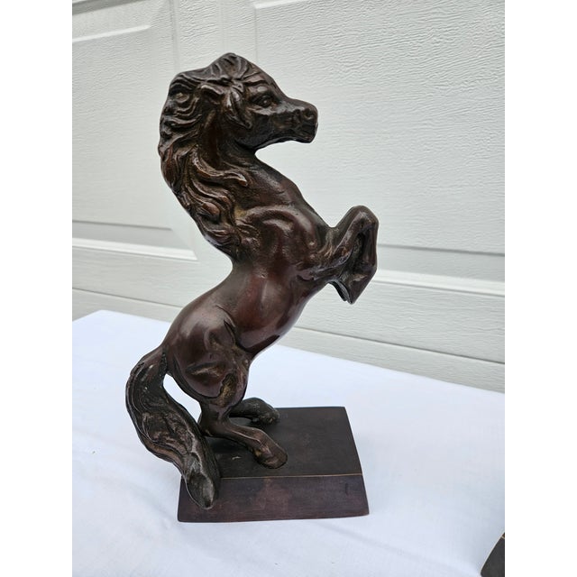 Metal Vintage Bronze Rearing Horse Sculptures or Bookends For Sale - Image 7 of 15