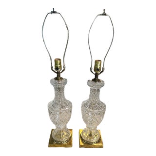 Pair of Vintage Crystal Cut Glass Table Lamp Mid Century Modern Hollywood Regency For Sale