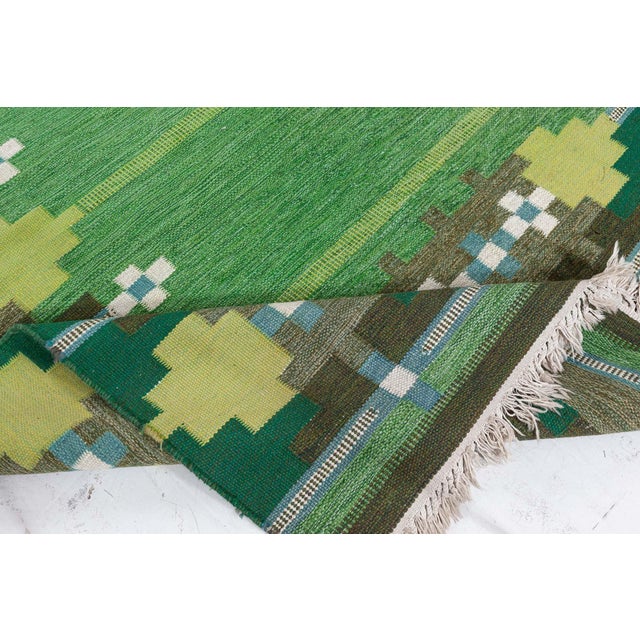 Doris Leslie Blau Vintage Swedish Rug in Lush Greens and Geometric Patterns For Sale In New York - Image 6 of 8